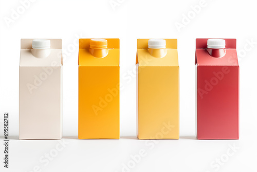 Four milk or juice colorful carton pack on a white background. Mock up photo