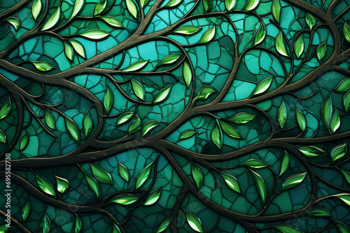 A symphony of emerald and jade hues creates mesmerizing 3D intricate patterns in seamless glass texture, complemented by a lush, verdant tree.