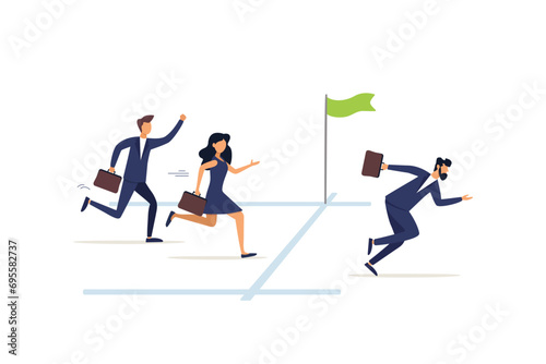 Businessman running extra mile from finish line to ensure success. Go extra miles or extra step ahead the goal, push more effort to ensure succeed, exceed or beyond expectation, dedication concept. photo