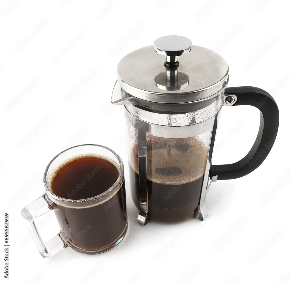 French press coffee maker with cup isolated on white background. Mechanical coffee press pot.