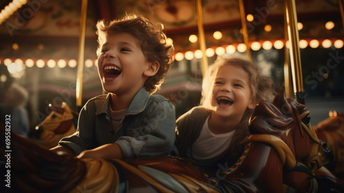 Children laughing and riding on a merry-go-round.