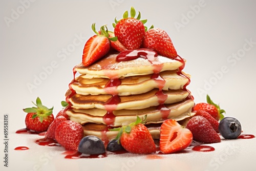  a stack of pancakes with strawberries, blueberries, and syrup on a white background with a pile of strawberries and blueberries on the top of the stack.