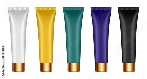 Set of white, gold, green, purple and black tubes with gold caps. Cosmetic tube mockup. 3d illustration. Serum or cream.	