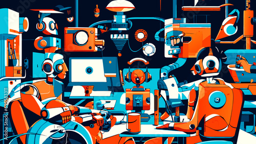 Quirky robots engaged in various activities. vektor icon illustation