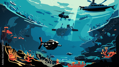 Deep-sea exploration with submarines and marine life. vektor icon illustation