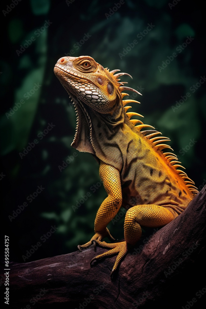 Fototapeta premium a yellow iguana at tree in a dark background created with Generative Ai
