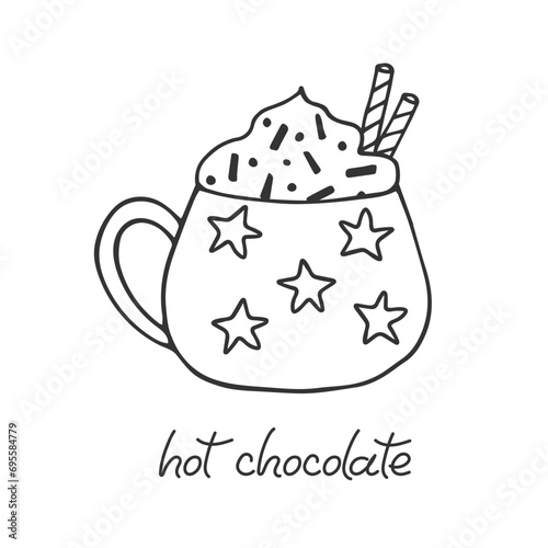 Cute cozy card with hot chocolate. Mug with delicious drink and cream in doodle style. Black Line drawn cup isolated on white. Design element