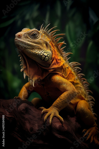 a yellow iguana at tree in a dark background created with Generative Ai