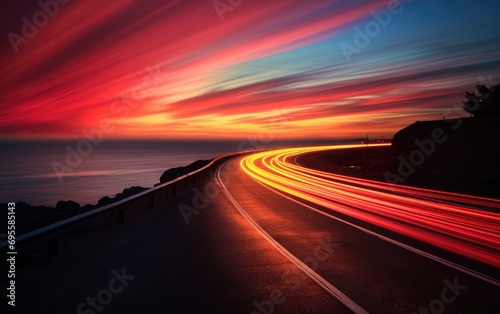 A long exposure photo of the road on the highway at a sunset