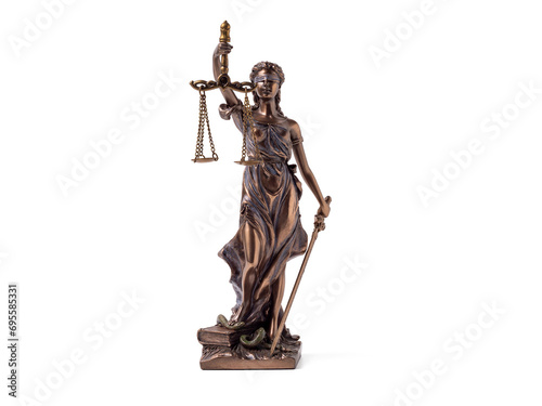 Bronze statue of Lady Justice on a transparent background PNG. Statue of Justice close up