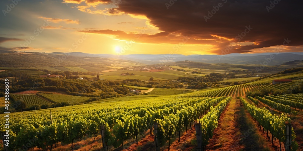 Sunset over a vineyard with a beautiful view of the mountains Generative AI