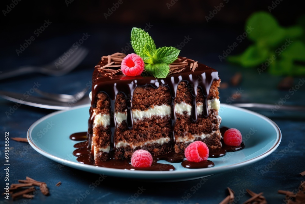 a piece of cake with chocolate icing and raspberries on a blue plate next to a fork and a mint sprig of mint on the side. a piece of cake with chocolate icing and raspberries on a blue plate next to a fork and a mint sprig of mint on the side.