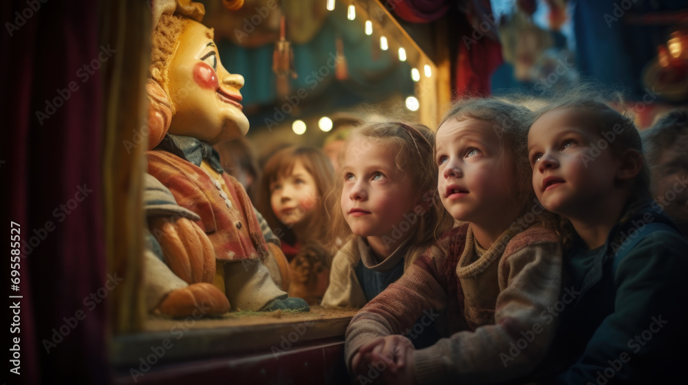 Kids in awe watching a puppet show at the carnival. Kids in awe watching a puppet show at the carnival.