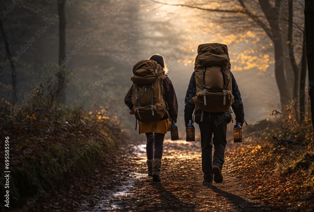 Two Hikers Carrying Backpacks and Water Bottles on a Path Generative AI