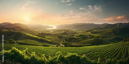 A picturesque landscape with a vineyard and mountains in the background Generative AI photo