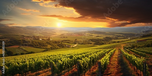 Sunset over a vineyard with a beautiful view of the mountains Generative AI