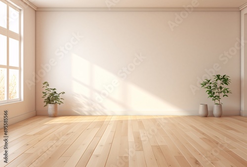 A large, empty room with a white wall and a window, and two potted plants on the floor. Generative AI