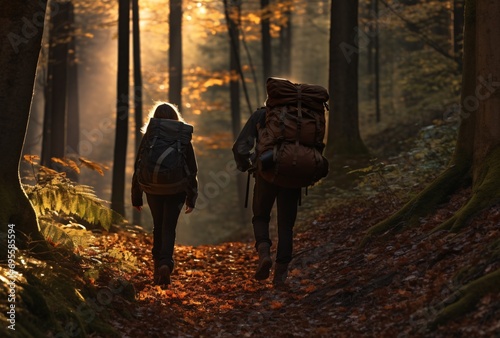 Two Hikers with Backpacks on a Path in the Woods Generative AI