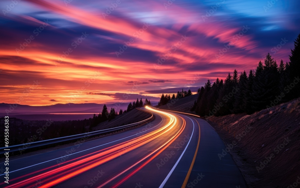 A long exposure photo of the road on the highway at a sunset