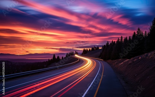 A long exposure photo of the road on the highway at a sunset photo