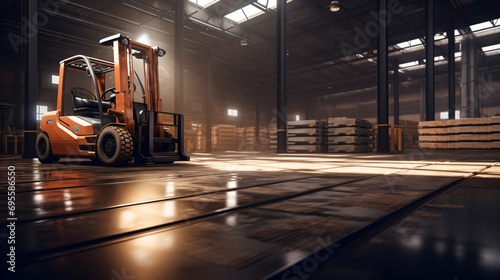 A large orange forklift in a warehouse Generative AI photo