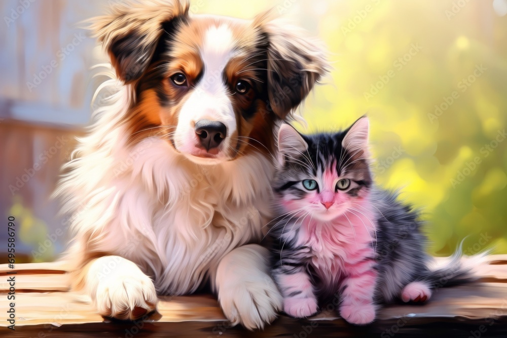 Cute dog and cat on a bright background, friendly pets