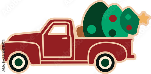 Cute Retro Christmas Pickup Truck and Tree