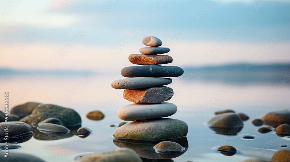  a stack of rocks sitting on top of a body of water next to a body of water with rocks on top of it and a body of water in the background.