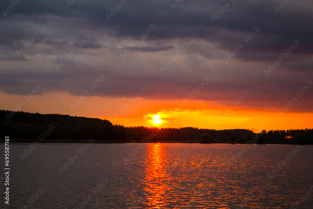 Beautiful sunset over the lake in Belarus