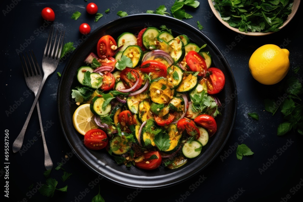 a plate of salad with tomatoes, cucumbers, onions, onions, and lettuce next to a bowl of lemons and a fork on a dark surface. a plate of salad with tomatoes, cucumbers, onions, onions, and lettuce next to a bowl of lemons and a fork on a dark surface.