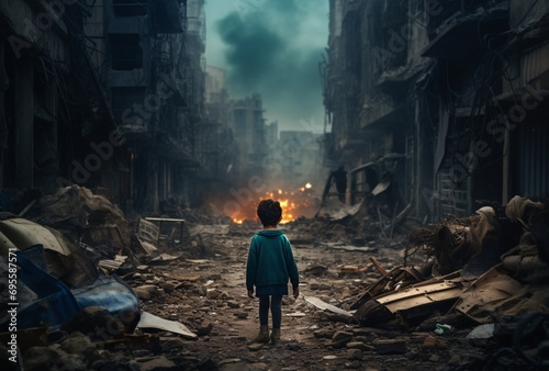 A Boy in a Blue Jacket Stands in a Destroyed City Generative AI