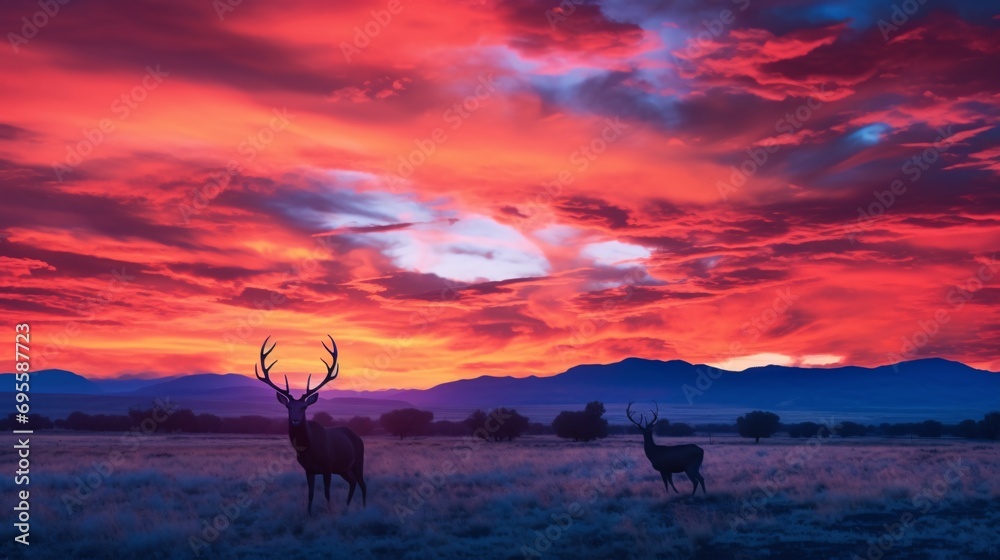 Two deer standing in a field at sunset Generative AI Two deer standing in a field at sunset Generative AI