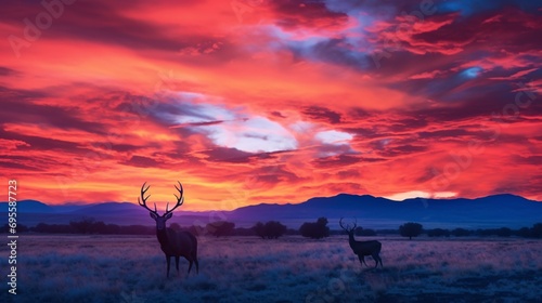 Two deer standing in a field at sunset Generative AI © BIPUL