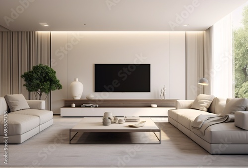 Modern Living Room with White Furniture and Large Screen TV Generative AI