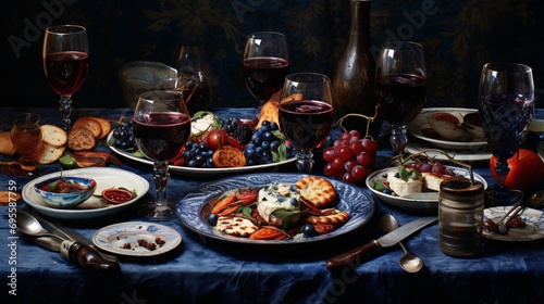 A table full of food and wine Generative AI