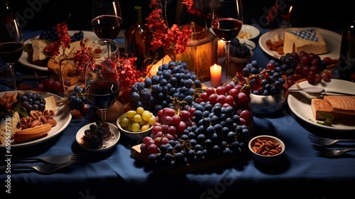 A table full of grapes, wine, and other foods Generative AI © BIPUL