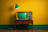 A vintage TV set on a wooden stand in front of a yellow wall Generative AI