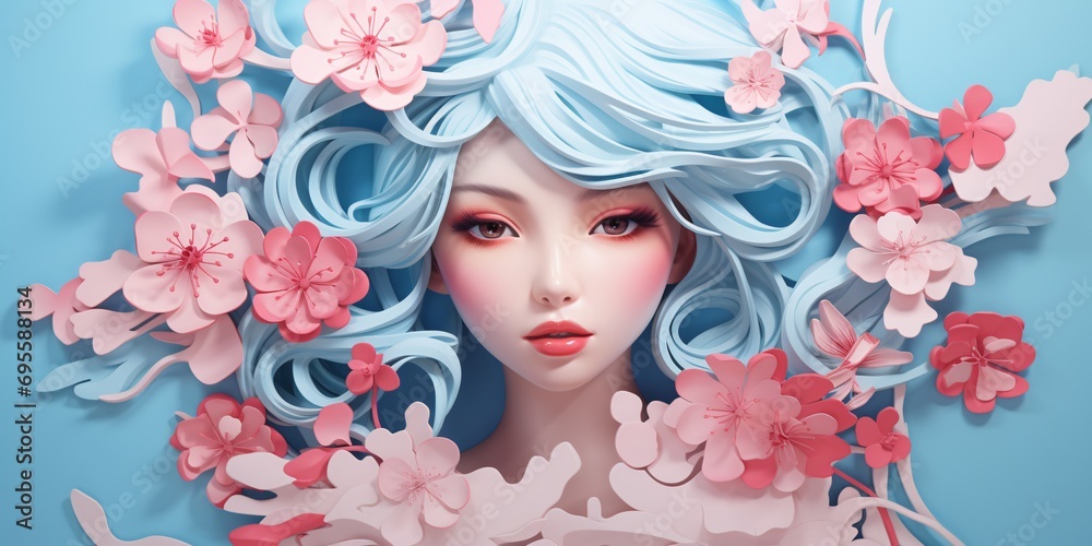 A blue haired woman with pink lips and a flower in her hair Generative AI