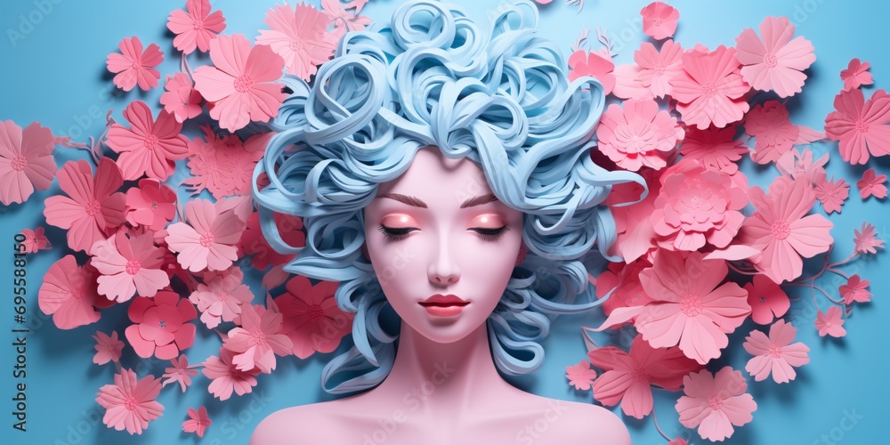 A blue haired woman with pink lips and roses in the background Generative AI