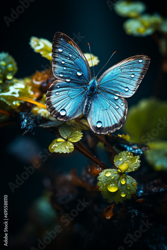 a blue butterfly standing on a leaf in a dark background created with Generative Ai © Andrii Yablonskyi