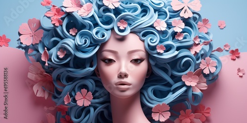 A woman with blue hair and pink flowers in her hair Generative AI