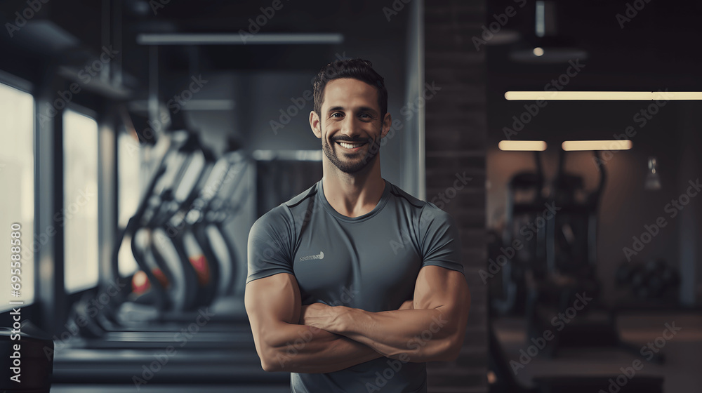 Portrait of a fitness instructor in a workout space smiling with exercise gear Portrait of a fitness instructor in a workout space smiling with exercise gear