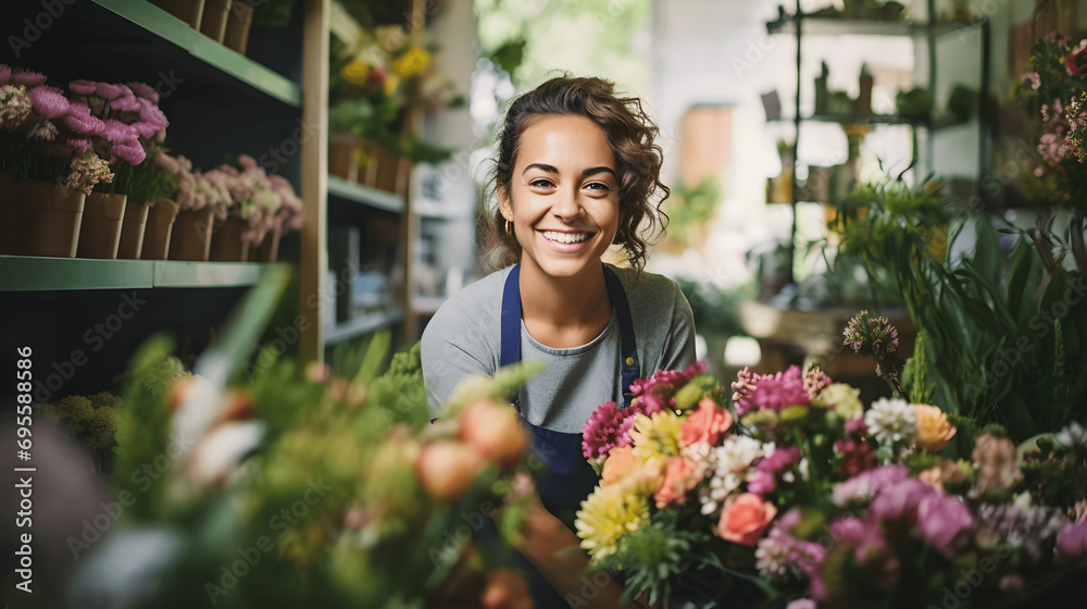Portrait of a florist in a flower shop smiling with blurred colorful bouquets around
