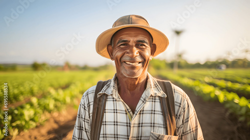 Portrait of a farmer in a field smiling with blurred farm equipment and crops behind