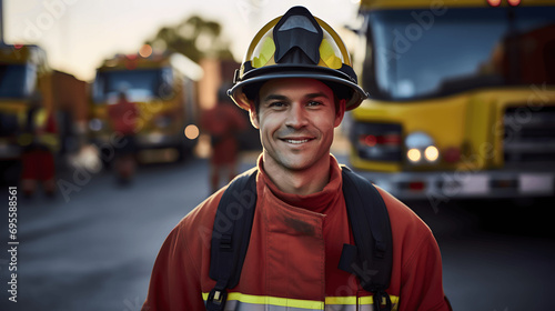 Portrait of a firefighter in uniform smiling with a blurred fire truck in the background