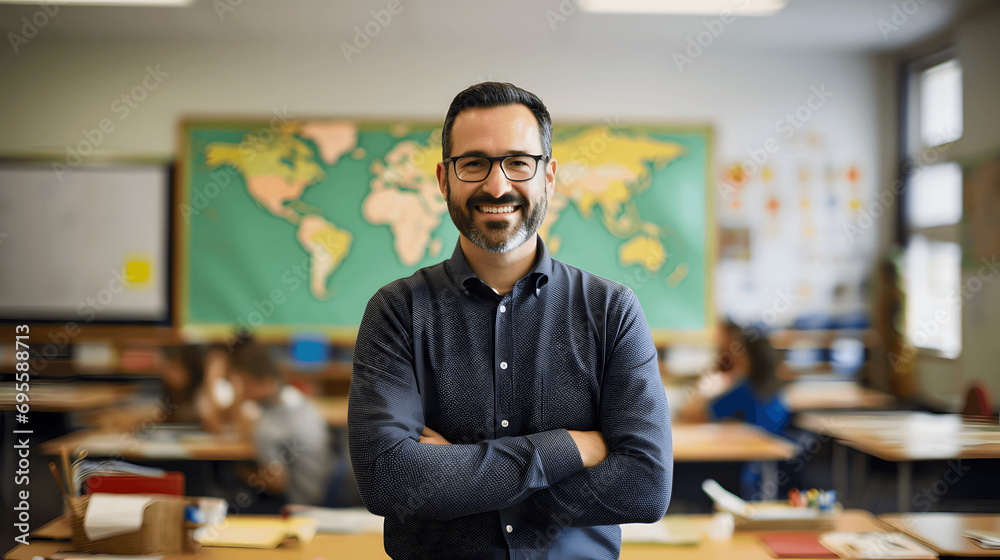 Portrait of a teacher in a classroom smiling with educational materials blurred in the background Portrait of a teacher in a classroom smiling with educational materials blurred in the background