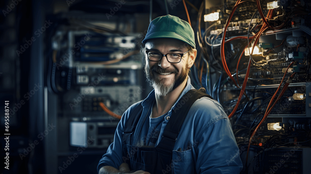Portrait of an electrician with tools smiling in front of a circuit board