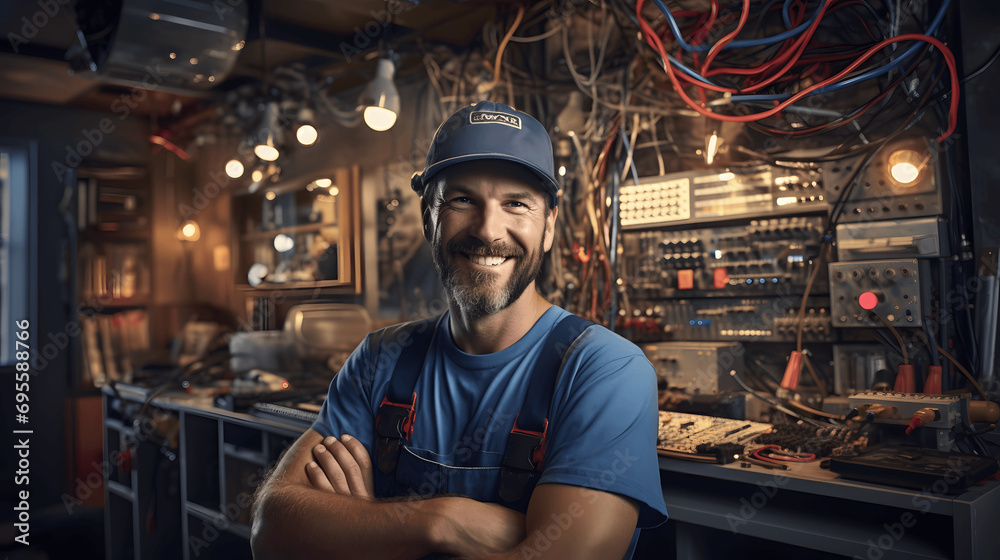 Portrait of an electrician with tools smiling in front of a circuit board Portrait of an electrician with tools smiling in front of a circuit board