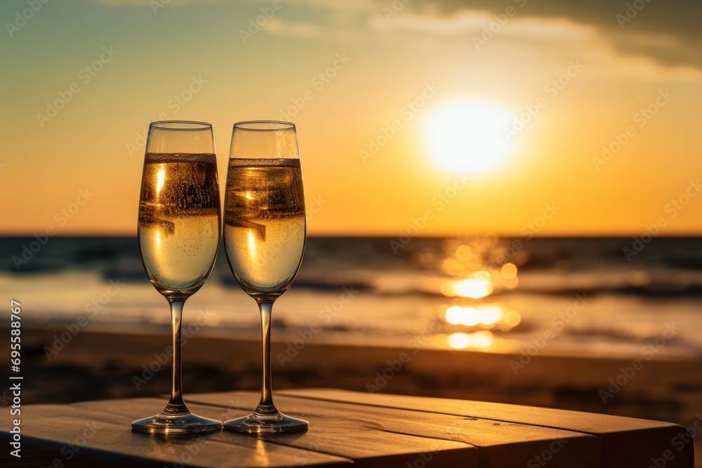  two glasses of champagne sitting on a table in front of the ocean with the sun setting over the ocean and a beach with waves coming in front of the ocean.