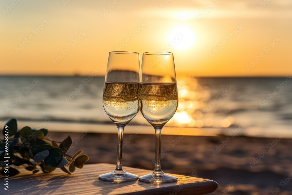  two glasses of wine sitting on top of a wooden table next to a body of water with the sun setting on the beach in the back of the ocean behind it.